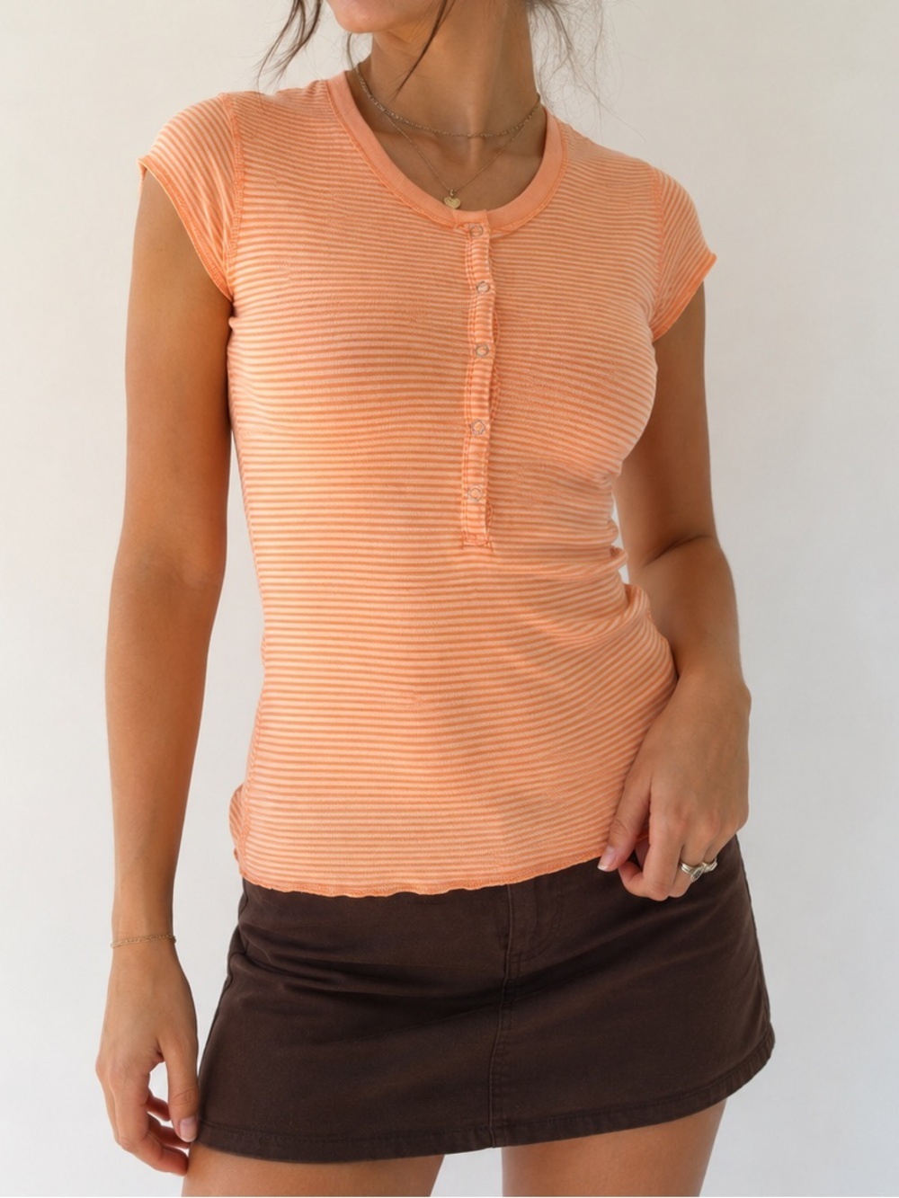Vintage Hard Tail Forever Peach Orange Stripe Fitted Henley Top S